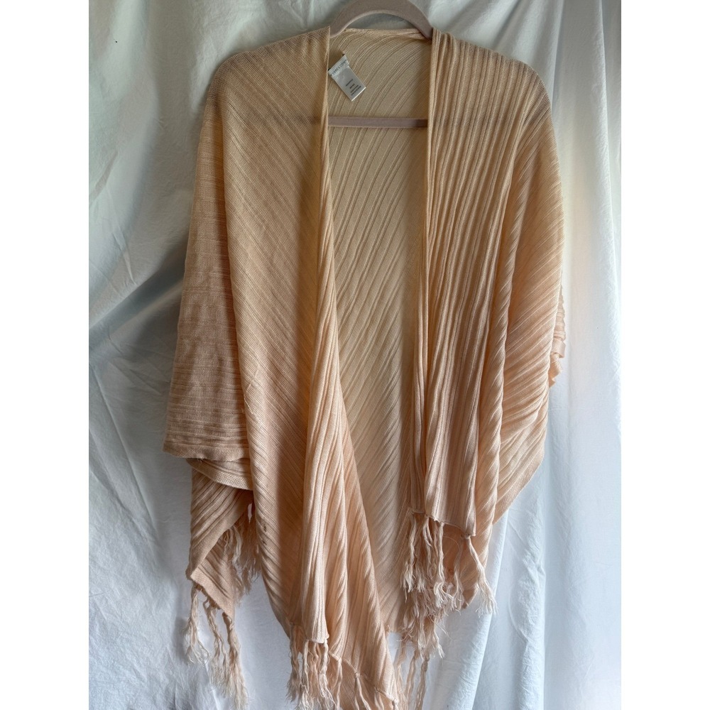 New York & Company Peach Ribbed Fringe Poncho Wrap Open Front One Size